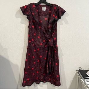Karen Walker Hi There navy blue red polka dot faux wrap surplice dress size 8
